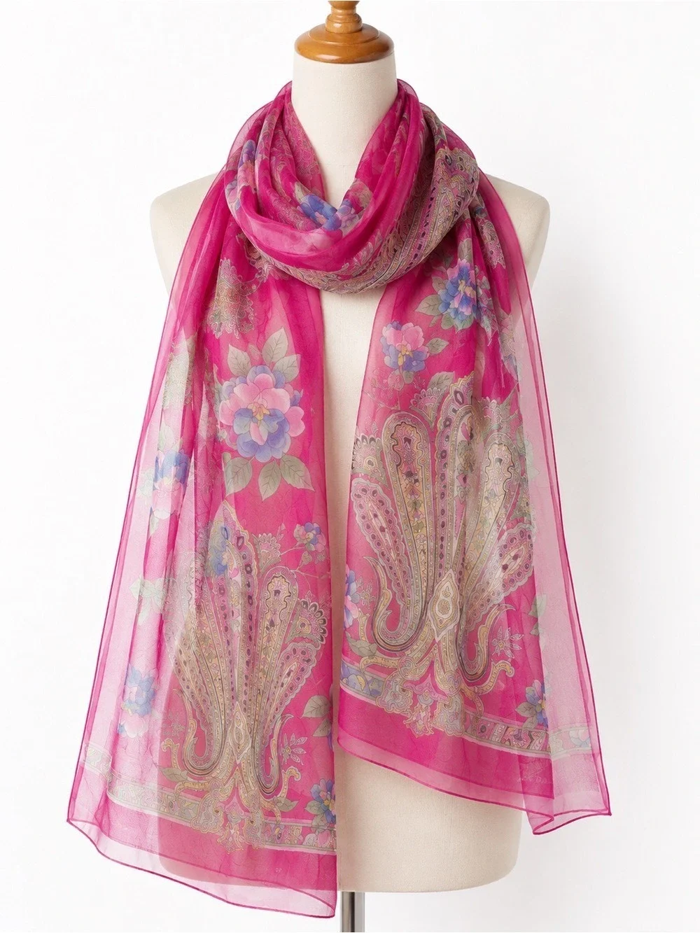 Leonard Paris 100% Silk Oversized Oblong Scarf Shawl 27”x70” Pink Floral Paisley